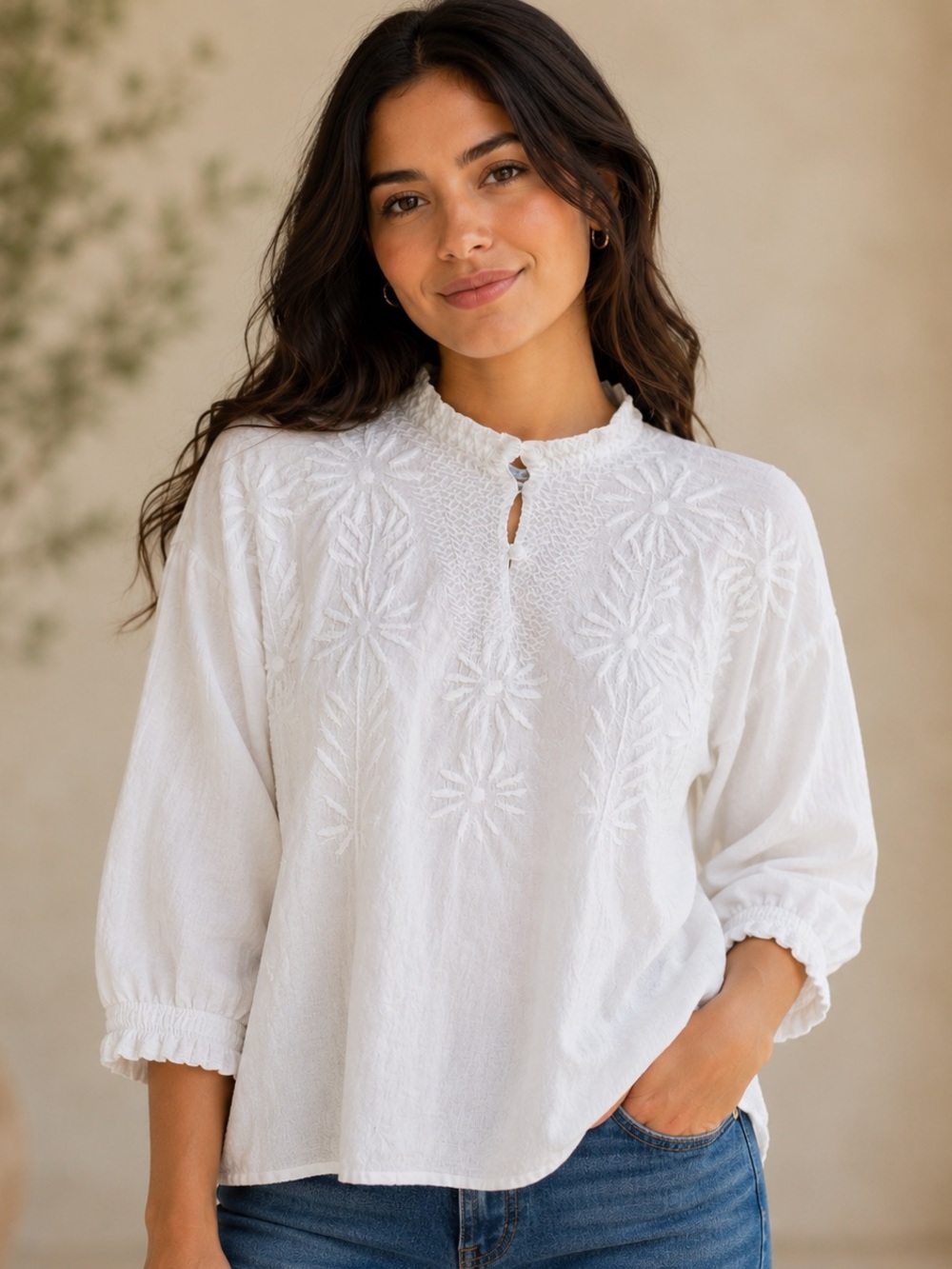 Vintage Mexican Made Cotton Peasant White Embrodiered Floral Boho Blouse Sz. S-M